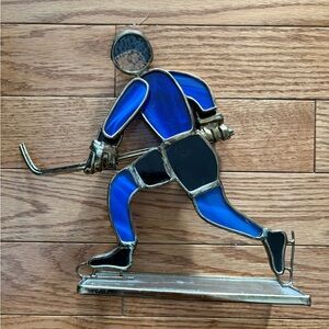VTG Blue Stained Glass Hockey Player Decor